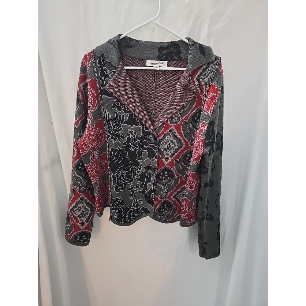 Coldwater Creek Knit Cardigan Sweater Size XL Gray Red Black Wool Blend Buttonup